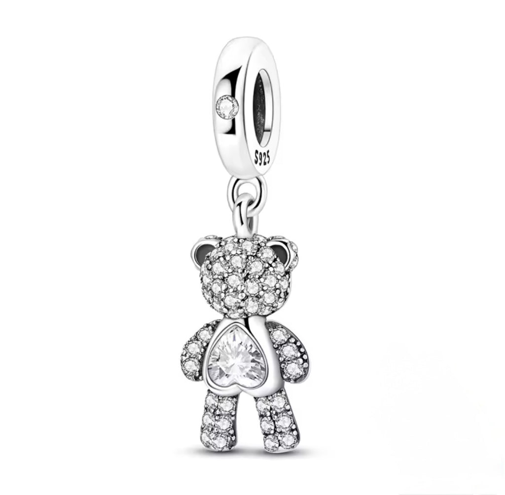 Srebrny Charms Zawieszka lśniący Miś z Sercem Sparkling Teddy Heart
